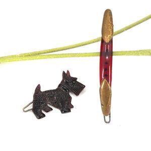 Gold Burgundy Vintage Terrier Dog Art Deco 1920s Gatsby Hair Barrette Clips